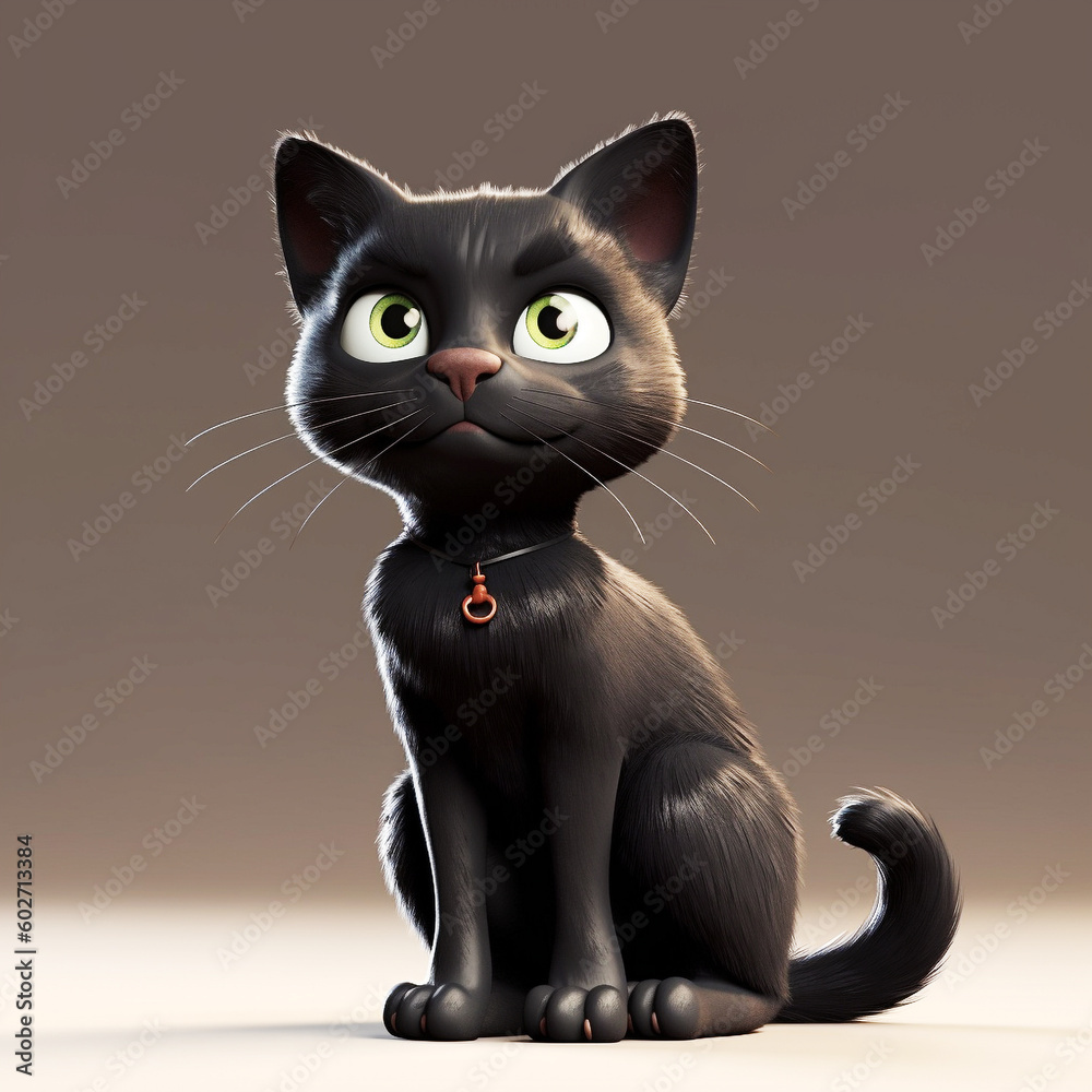 Fototapeta premium A cute cartoon black kitten with green eyes Close up Generative AI