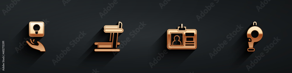 Set Light bulb, Treadmill machine, Identification badge and Whistle icon with long shadow. Vector