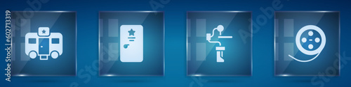 Set Actor trailer, Backstage, Gimbal stabilizer for camera and Film reel. Square glass panels. Vector