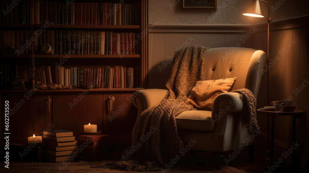 Tranquil Corner: A peaceful evening setting with an empty armchair, bookshelf, and cozy ambiance. Ideal for quiet moments and relaxation. Reading concept - AI Generative Tranquil Corner: A peaceful evening setting with an empty armchair, bookshelf, and cozy ambiance. Ideal for quiet moments and relaxation. Reading concept - AI Generative