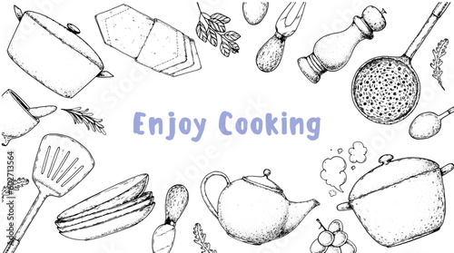 Kitchenware frame. Kitchen utensils sketch. Hand drawn vector illustration. Pot, mortar and pestle, frying pan, spatula, cutting board, wooden spoon, cup, jug