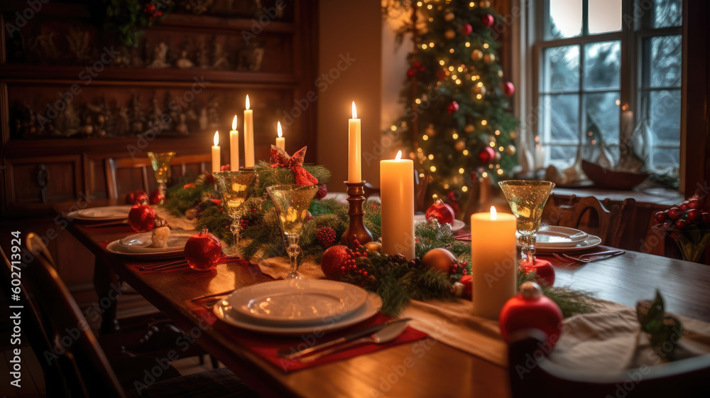 Christmas Gathering: Enjoying a cozy meal around a table on Christmas Eve. Candles creating a warm atmosphere. Celebration concept - AI Generative Christmas Gathering: Enjoying a cozy meal around a table on Christmas Eve. Candles creating a warm atmosphere. Celebration concept - AI Generative