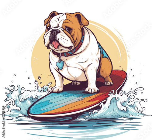 Bulldog on a surfboard cartoon
