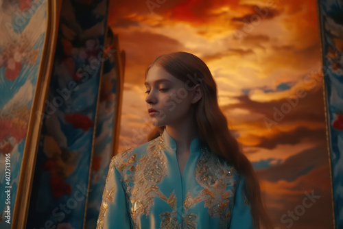 portrait of a beautiful woman looking sad in a surreal symmetric vintage movie looking like a sky mural setting in cinematic retro colours ai generated art