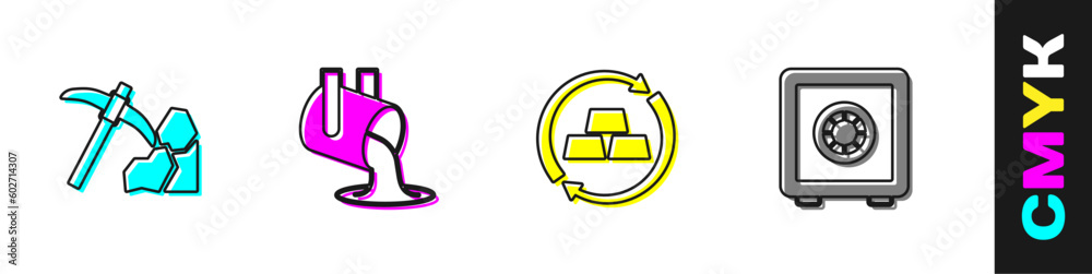 Set Gold mining, Molten gold being poured, exchange money and Safe icon. Vector