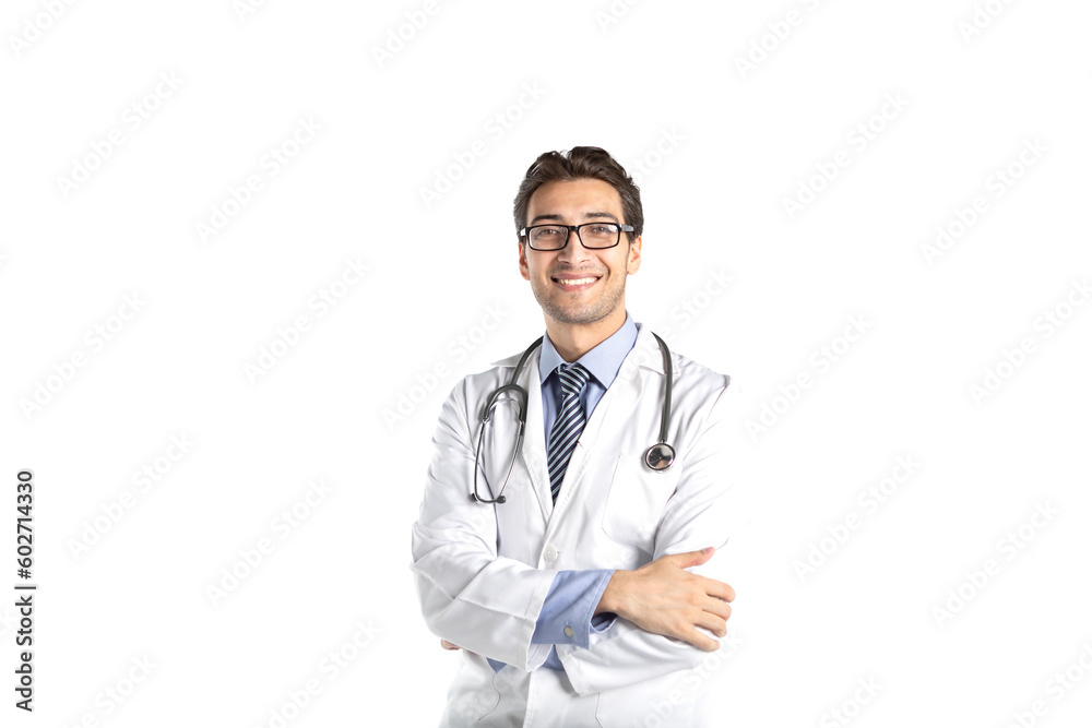 Portrait of young handsome smiling doctor in medical gown and stethoscope isolated on white background Portrait of young handsome smiling doctor in medical gown and stethoscope isolated on white background