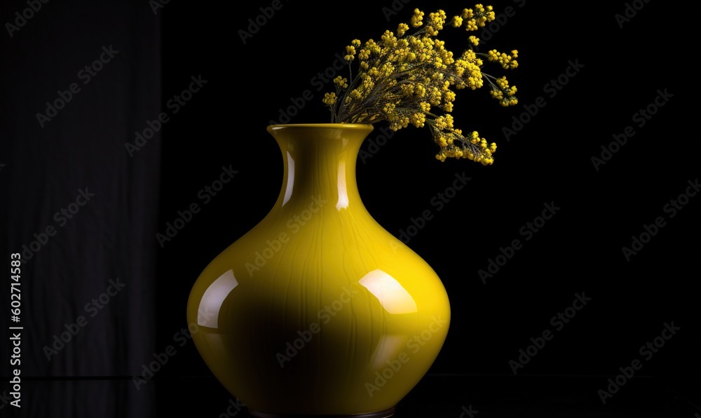 a yellow vase filled with yellow flowers on a black table. generative ai a yellow vase filled with yellow flowers on a black table. generative ai