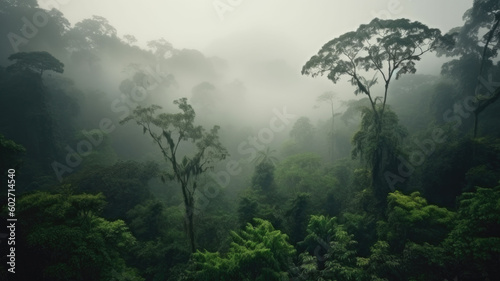 Theme climate change and renewable energy. Rainforest landscape with trees and fog. Generative AI