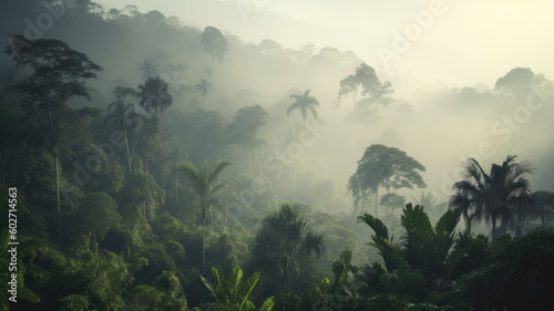 Theme climate change and renewable energy. Rainforest landscape with trees and fog.  Generative AI