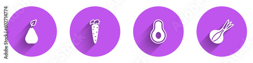 Set Pear, Carrot, Avocado fruit and Onion icon with long shadow. Vector