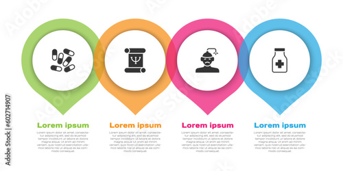 Set Medicine pill or tablet, Psychology book, Concussion, headache and Sedative pills. Business infographic template. Vector