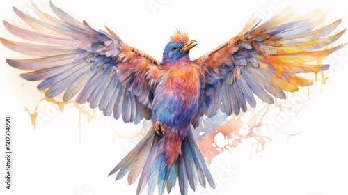 Watercolor painting of a bird with wings spread. Generative ai