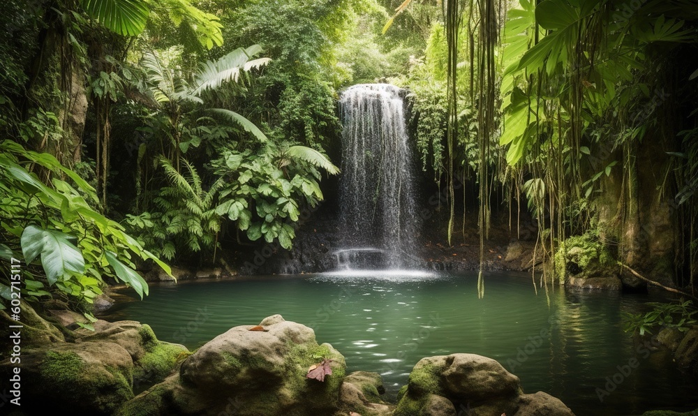 a waterfall in the middle of a jungle with a pool of water. generative ai a waterfall in the middle of a jungle with a pool of water. generative ai