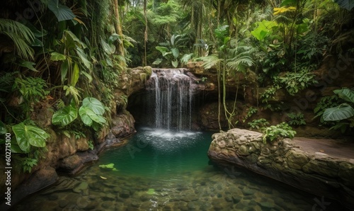  a waterfall in a tropical forest with a pool of water. generative ai