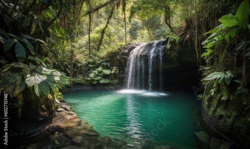  a waterfall in the middle of a jungle with a pool of water.  generative ai