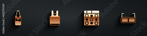 Set Beer bottle, Undershirt, Drum machine music and Glasses icon with long shadow. Vector