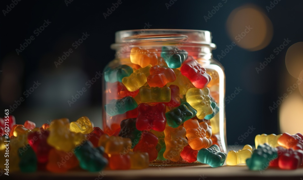a jar filled with gummy bears sitting on top of a table. generative ai a jar filled with gummy bears sitting on top of a table. generative ai