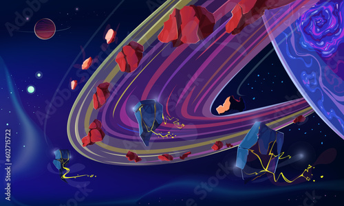 Planetary rings and asteroid belt. Colorful rings encircling the planet. Asteroids in orbit, volcanic activity, plasma trail, nebula, stars, outer space. Sci-fi, fantasy. Vector cartoon illustration. photo