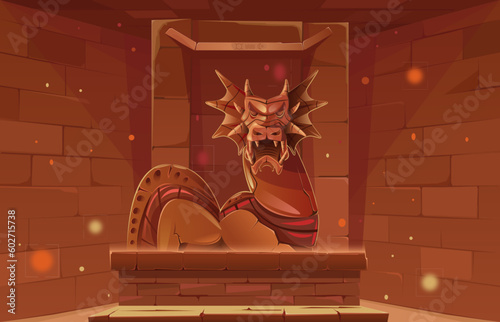 Dragon statue on a pedestal. Room interior of an ancient temple. Monument of architecture red dragon guarding the dungeon. Stone statue, brick wall, archeological artifact. Vector cartoon illustration