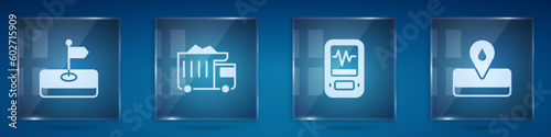 Set Flag, Mining dump truck, Seismograph and Oilfield. Square glass panels. Vector