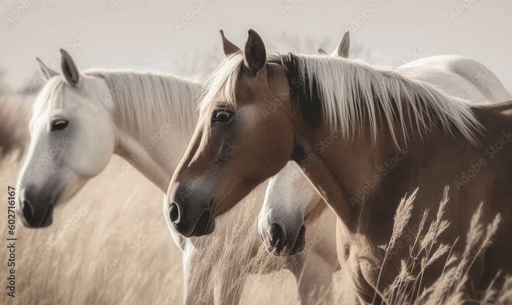 a couple of horses standing next to each other in a field. generative ai a couple of horses standing next to each other in a field. generative ai