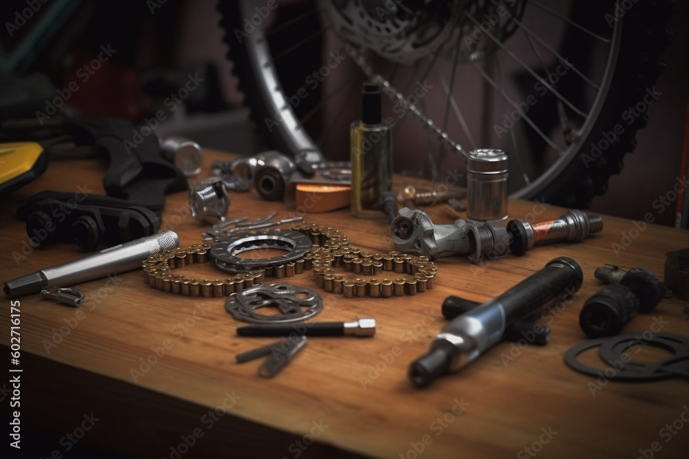 MTB mountain bike parts on table in bike repair shop or garage. Generative AI