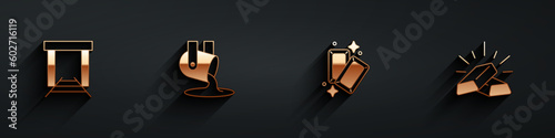 Set Gold mine, Molten gold being poured, bars and icon with long shadow. Vector