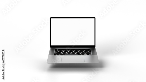 Modern, aluminum laptop hovering with shadow. Transparent display for content replacement. Possible use cases: commercials, mockups, app show cases, advertising