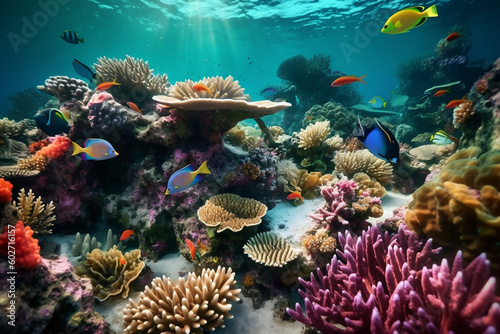 Underwater Coral Reef: An underwater photograph showcasing the vibrant colors and diverse marine life of a coral reef ecosystem.