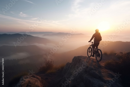 MTB bike ride on mountains trial. Active and adventure man on bike. Generative AI