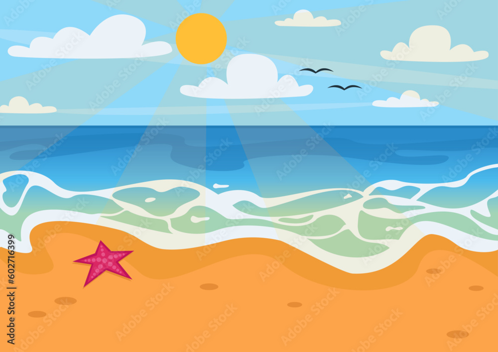 Summer landscape. Beautiful background. Ocean or sea, sandy beach, sky, sun and clouds. Vector graphic.
