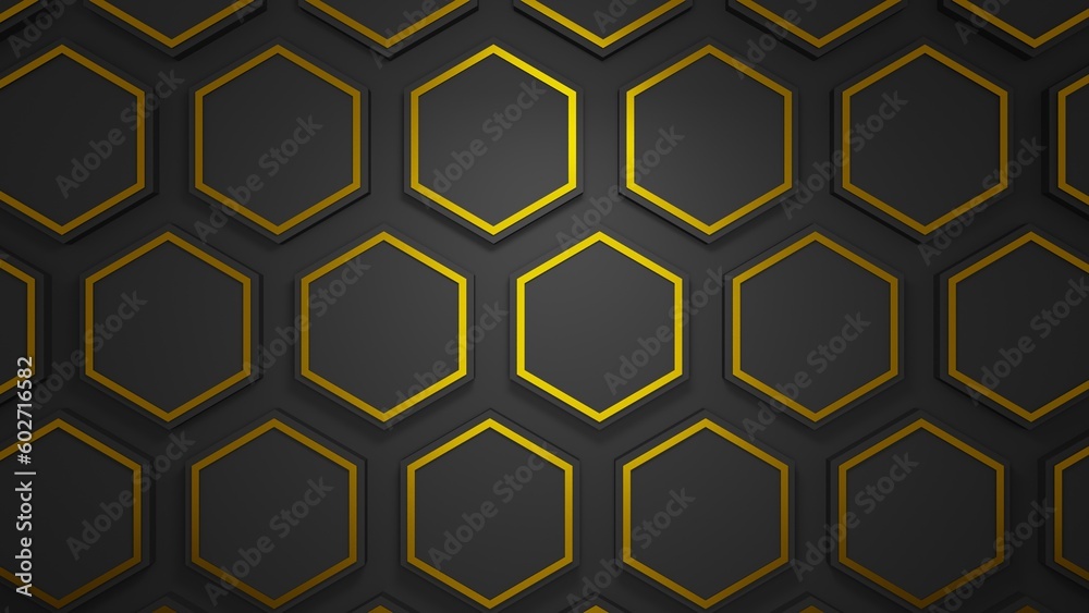 Wall hexagons geometricc black and lines golden color pattern seamless 3d render Wall hexagons geometricc black and lines golden color pattern seamless 3d render