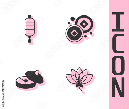 Set Lotus flower, Chinese paper lantern, tea ceremony and Yuan currency icon. Vector