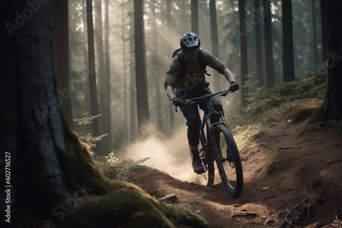 MTB bike ride on forest trial. Active and adventure man on bike. Generative AI © marcin jucha