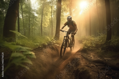 MTB bike ride on forest trial. Active and adventure man on bike. Generative AI © marcin jucha