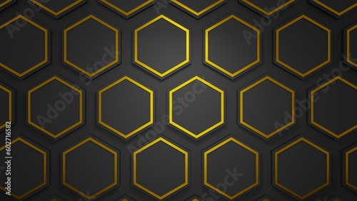 Wall hexagons geometricc black and lines golden color pattern seamless 3d render