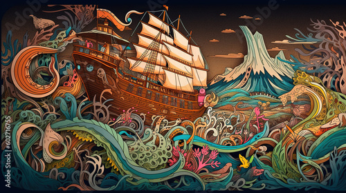 Hand drawn illustration of a pirate ship in the sea. Colorful artistic background, Generative AI