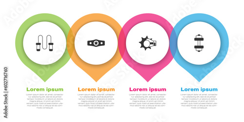 Set Jump rope, Boxing belt, Punch boxing glove and Dumbbell. Business infographic template. Vector