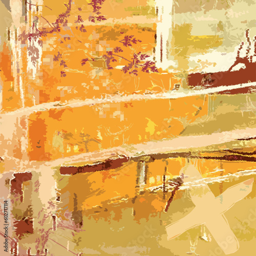 Vecteur à partir d'une Illustration numérique abstraite, motif paysage vue du ciel, carrés et lignes, oeuvre d'art moderne, couleurs jaune vert doré, automne