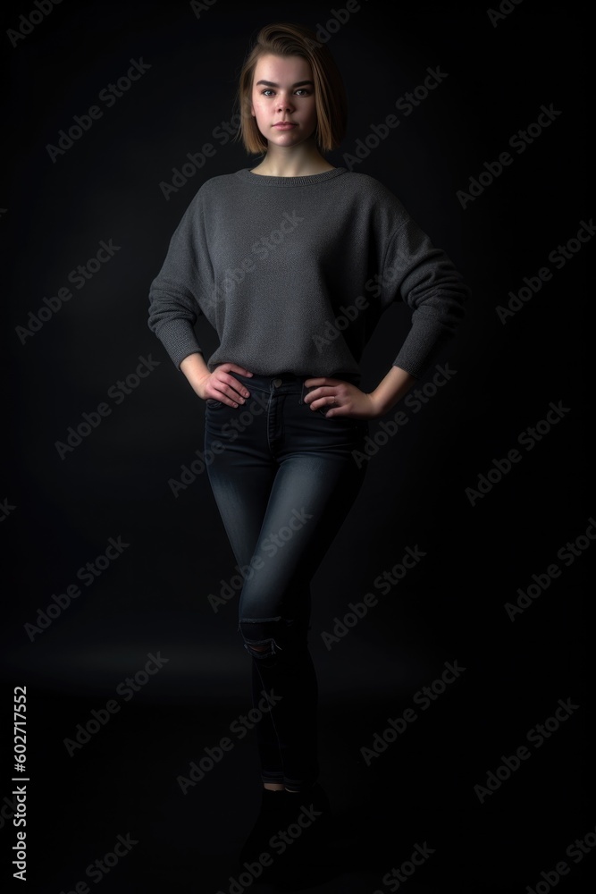 Young beautiful woman in a black sweater on a dark background. Studio shot. - made with Generative AI