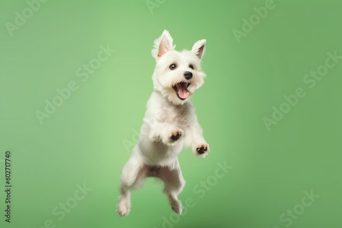 Happy dog ​​jumping on a green background. 
Great concept for banners for petshops and virtual stores in the pet niche. Generative AI