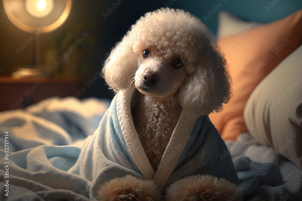 White poodle in a cozy bathrobe lounging in the bedroom. Generative AI - obrazy, fototapety, plakaty 