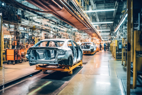Manufacturing line of car factory, car skeleton or vehicle frame in middle, orange robots on sides. Generative AI