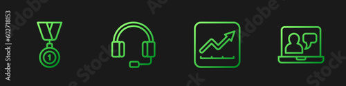 Set line Financial growth increase, Medal, Headphones and Online education. Gradient color icons. Vector