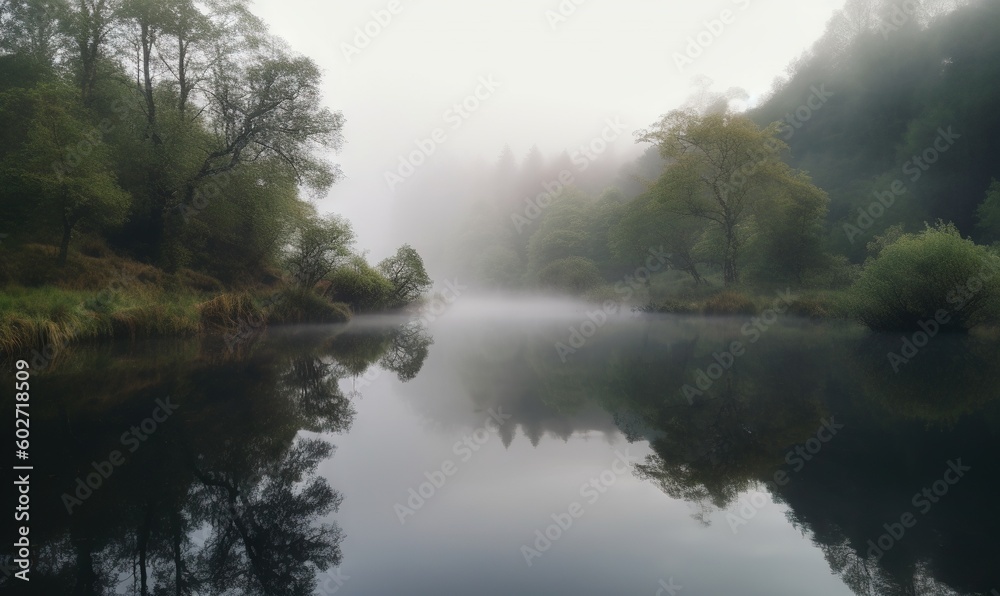  a body of water surrounded by trees in the foggy day.  generative ai