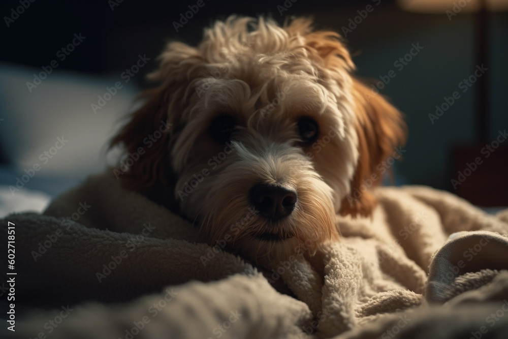 Cute dog sleeping on sofa . Adorable pet at home. Generative AI Cute dog sleeping on sofa . Adorable pet at home. Generative AI