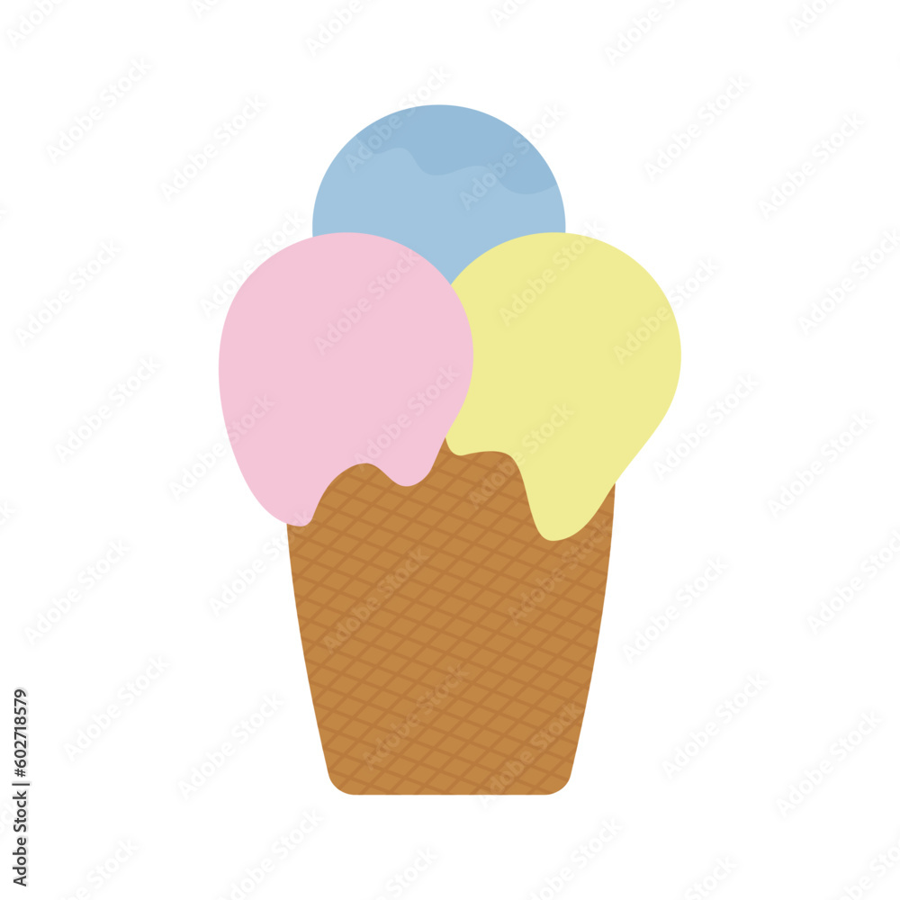 Vector illustration of ice cream in a waffle cone. Ice cream in pink and blue colors isolated on transparent background, idea for a poster, postcard, t-shirt