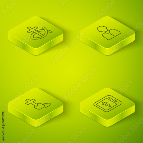 Set Isometric line Priest, Christian cross, Online church pastor preaching and fish icon. Vector