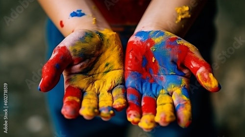Childrens hands in bright paint. Generative ai