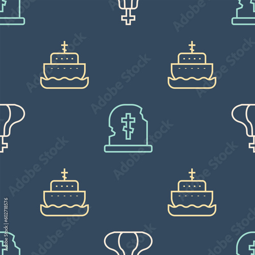 Set line Church tower, Ark of noah and Grave with tombstone on seamless pattern. Vector